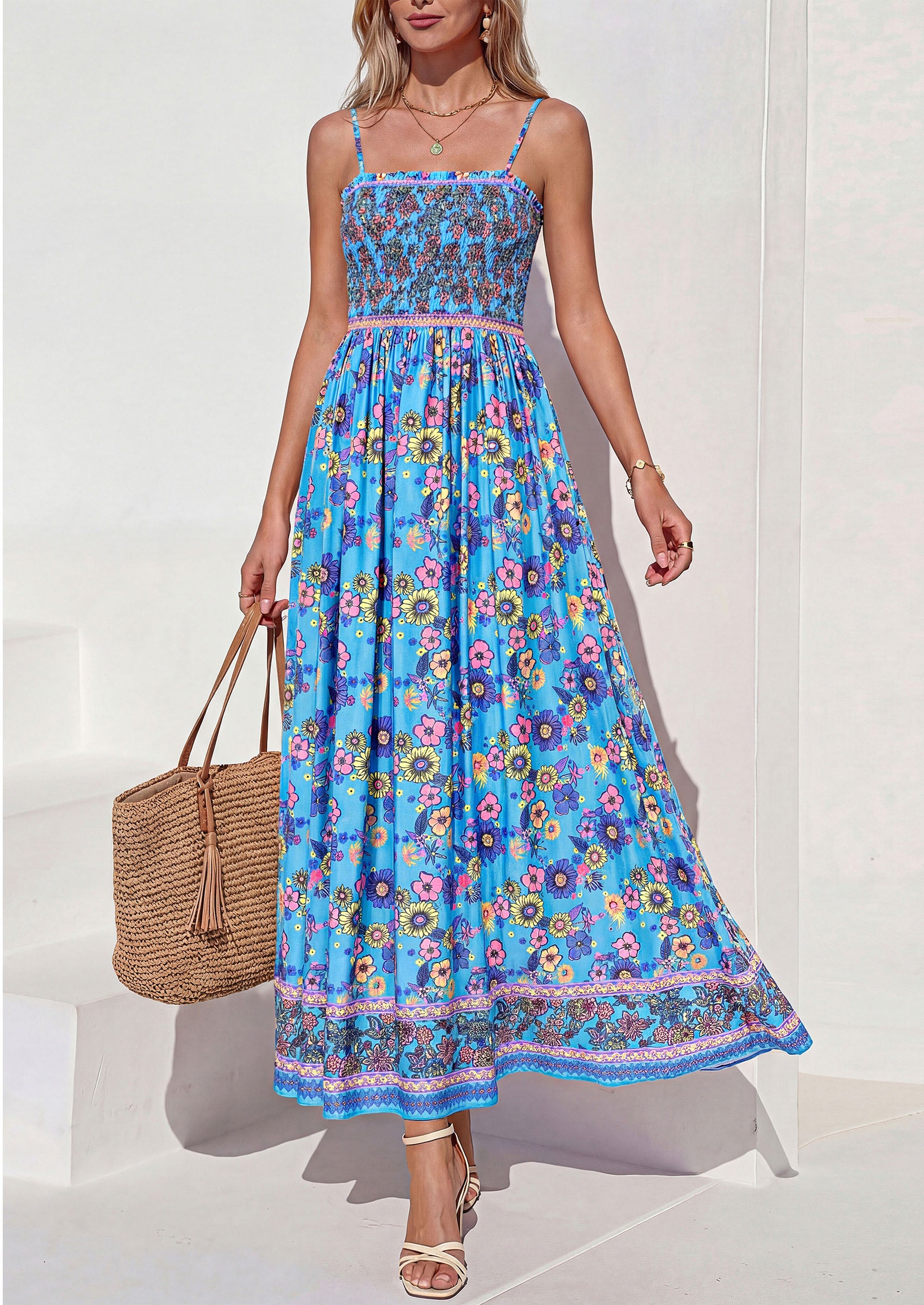 PRETTYGARDEN Womens Floral Maxi Dress Boho Casual 2026 Summer Spaghetti Strap Smocked Sleeveless Flowy Beach Vacation Dresses