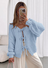 PRETTYGARDEN Women's Tie Front Bow Cardigan Sweaters Chunky Knit Long Puff Sleeve Trendy Fall Winter Jacket Coats