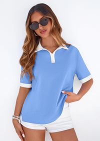 PRETTYGARDEN Summer Short Sleeve Polo Shirts for Women Collared V Neck Work Dressy Tops Knit Loose Business Casual Outfits PRETTYGARDEN