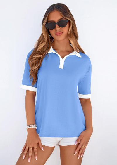 PRETTYGARDEN Summer Short Sleeve Polo Shirts for Women Collared V Neck Work Dressy Tops Knit Loose Business Casual Outfits PRETTYGARDEN