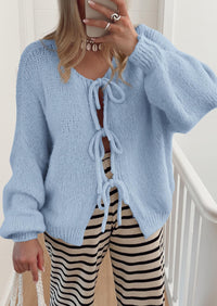 PRETTYGARDEN Women's Tie Front Bow Cardigan Sweaters Chunky Knit Long Puff Sleeve Trendy Fall Winter Jacket Coats