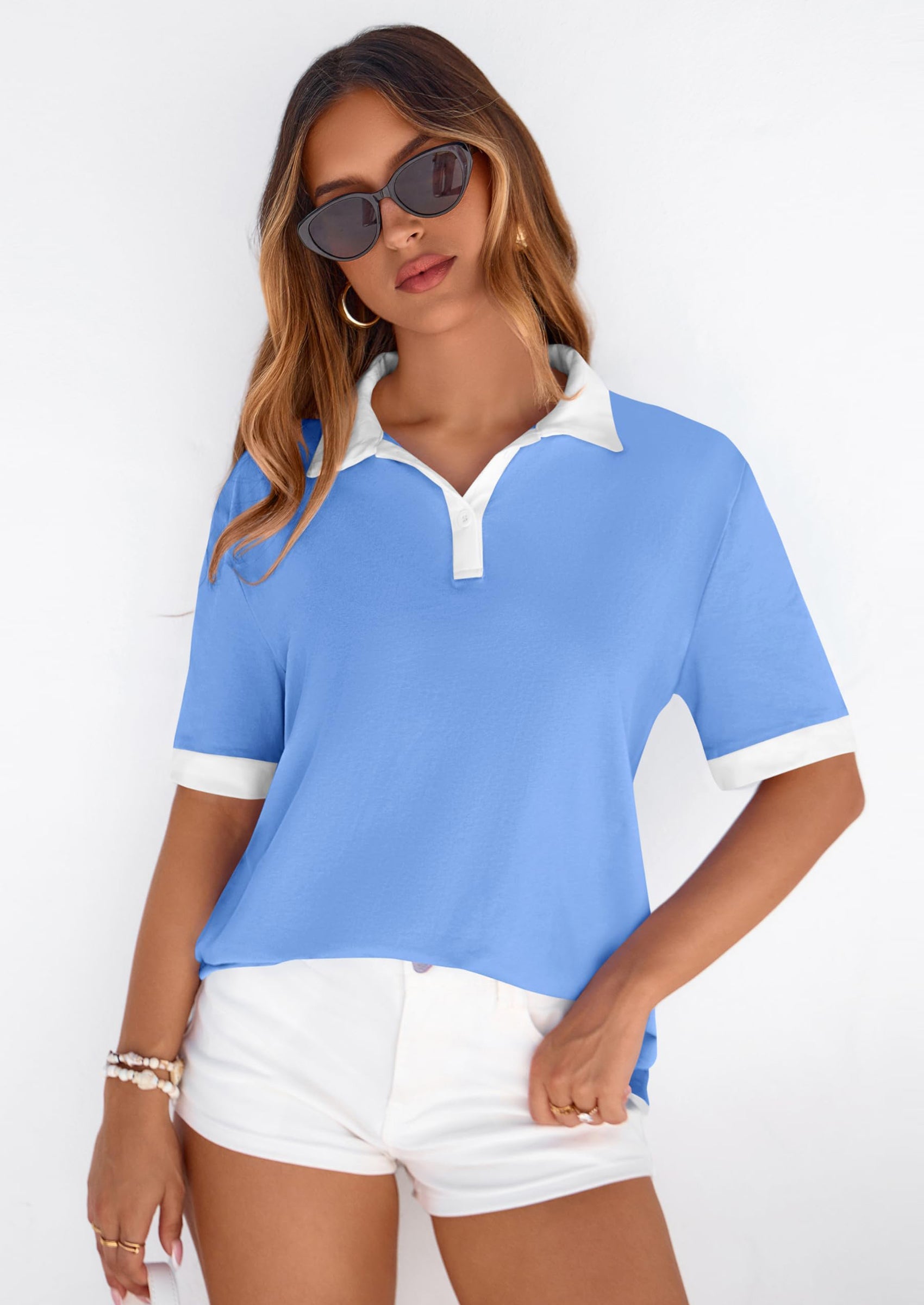 PRETTYGARDEN Summer Short Sleeve Polo Shirts for Women Collared V Neck Work Dressy Tops Knit Loose Business Casual Outfits PRETTYGARDEN