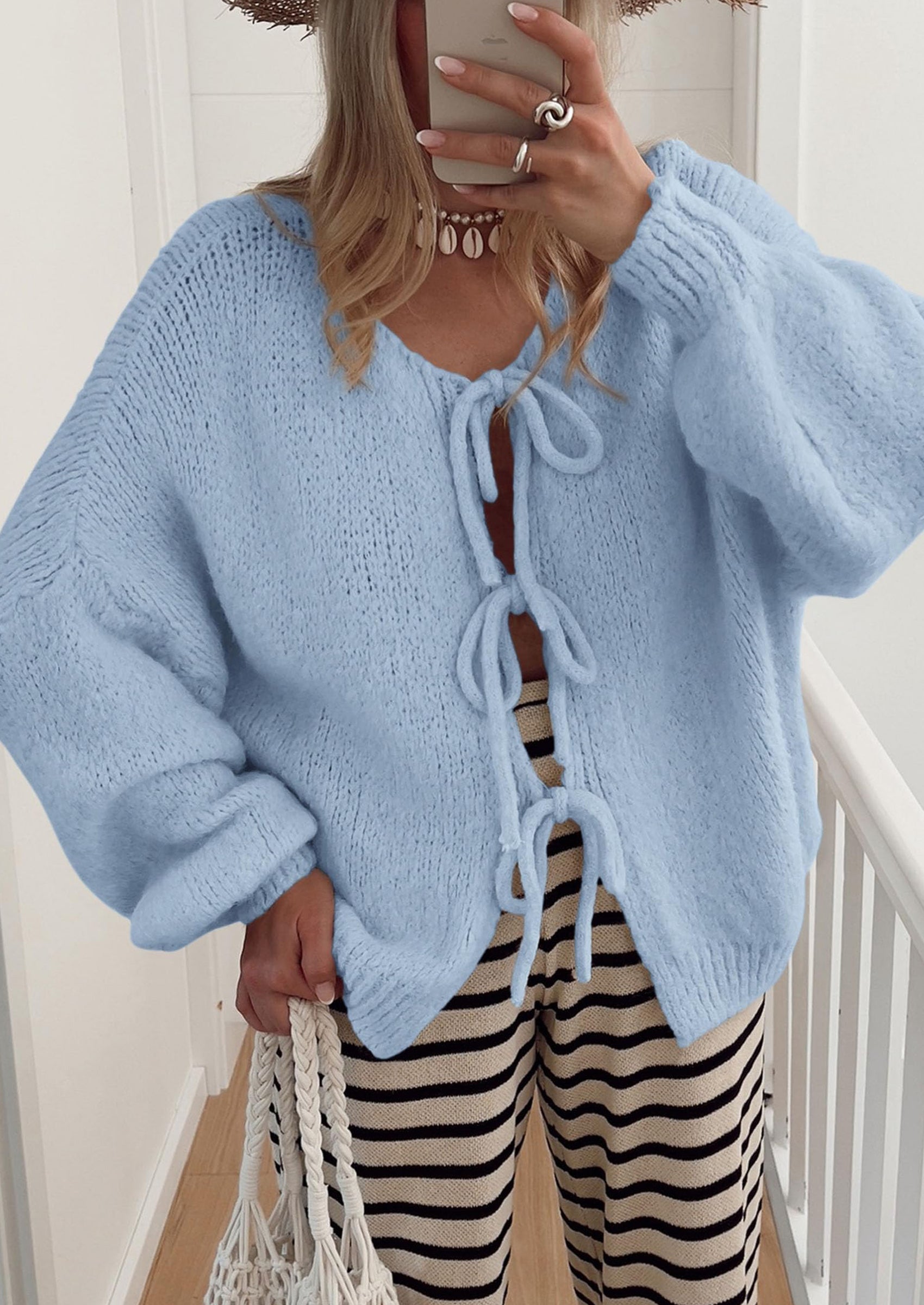 PRETTYGARDEN Women's Tie Front Bow Cardigan Sweaters Chunky Knit Long Puff Sleeve Trendy Fall Winter Jacket Coats