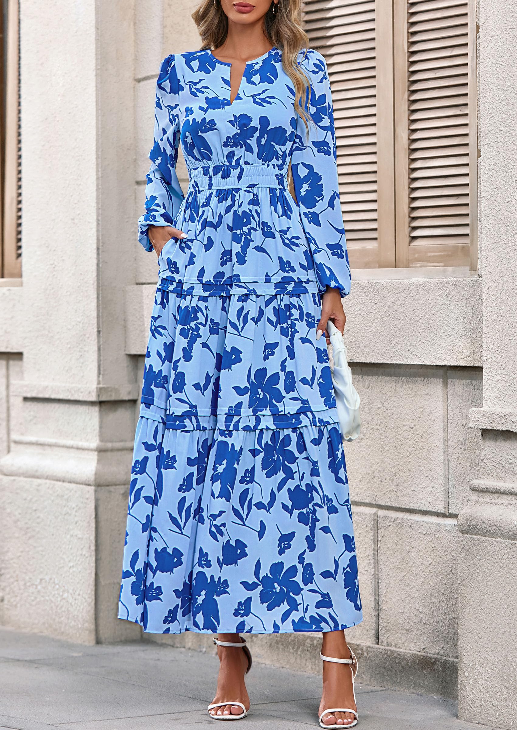 PRETTYGARDEN Women's Fall Boho Maxi Dresses Floral Long Sleeve V Neck Flowy Elegant Wedding Guest Dress Vacation Outfits