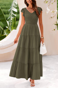 Cap Sleeve V Neck Smocked Beach Maxi Dresses