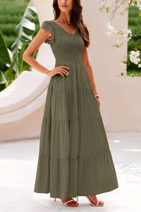 Cap Sleeve V Neck Smocked Beach Maxi Dresses