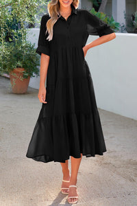 Button Up Ruffle A Line Flowy Maxi Dress