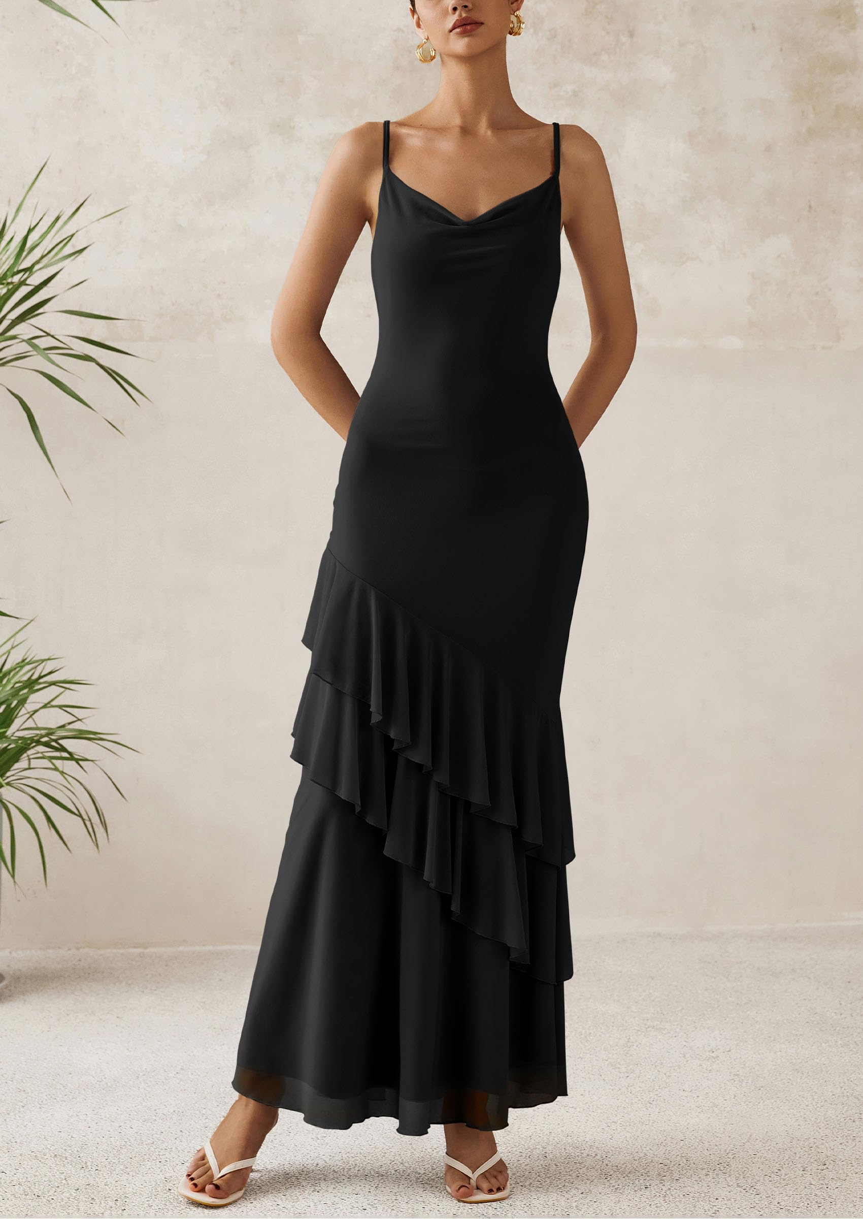 PRETTYGARDEN Maxi Dresses for Women Floral Beach Sundress Spaghetti Strap Tiered Wedding Guest Long Dress