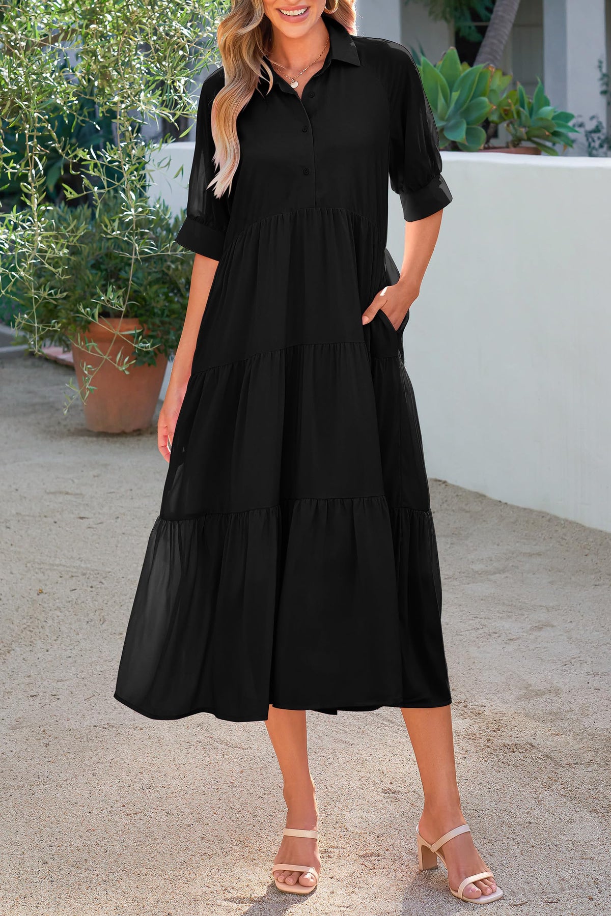 Button Up Ruffle A Line Flowy Maxi Dress