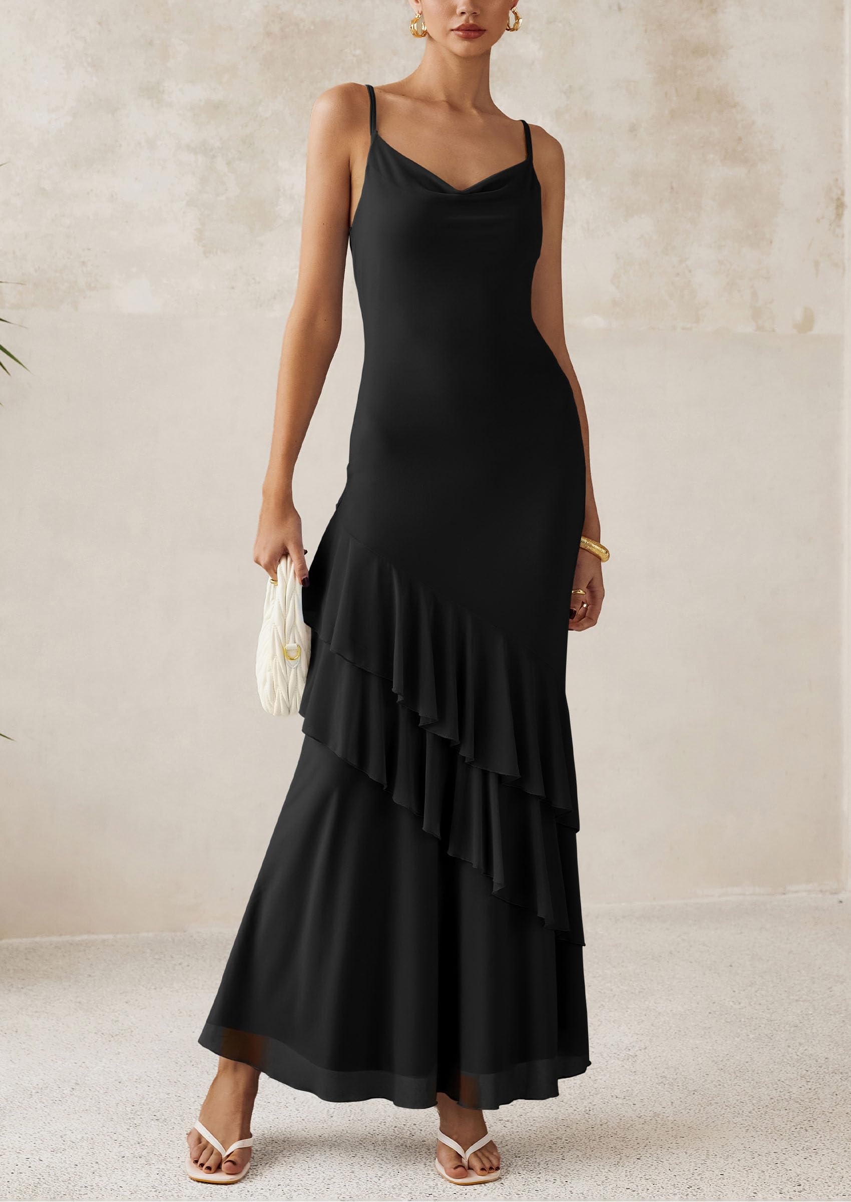 PRETTYGARDEN Maxi Dresses for Women Floral Beach Sundress Spaghetti Strap Tiered Wedding Guest Long Dress