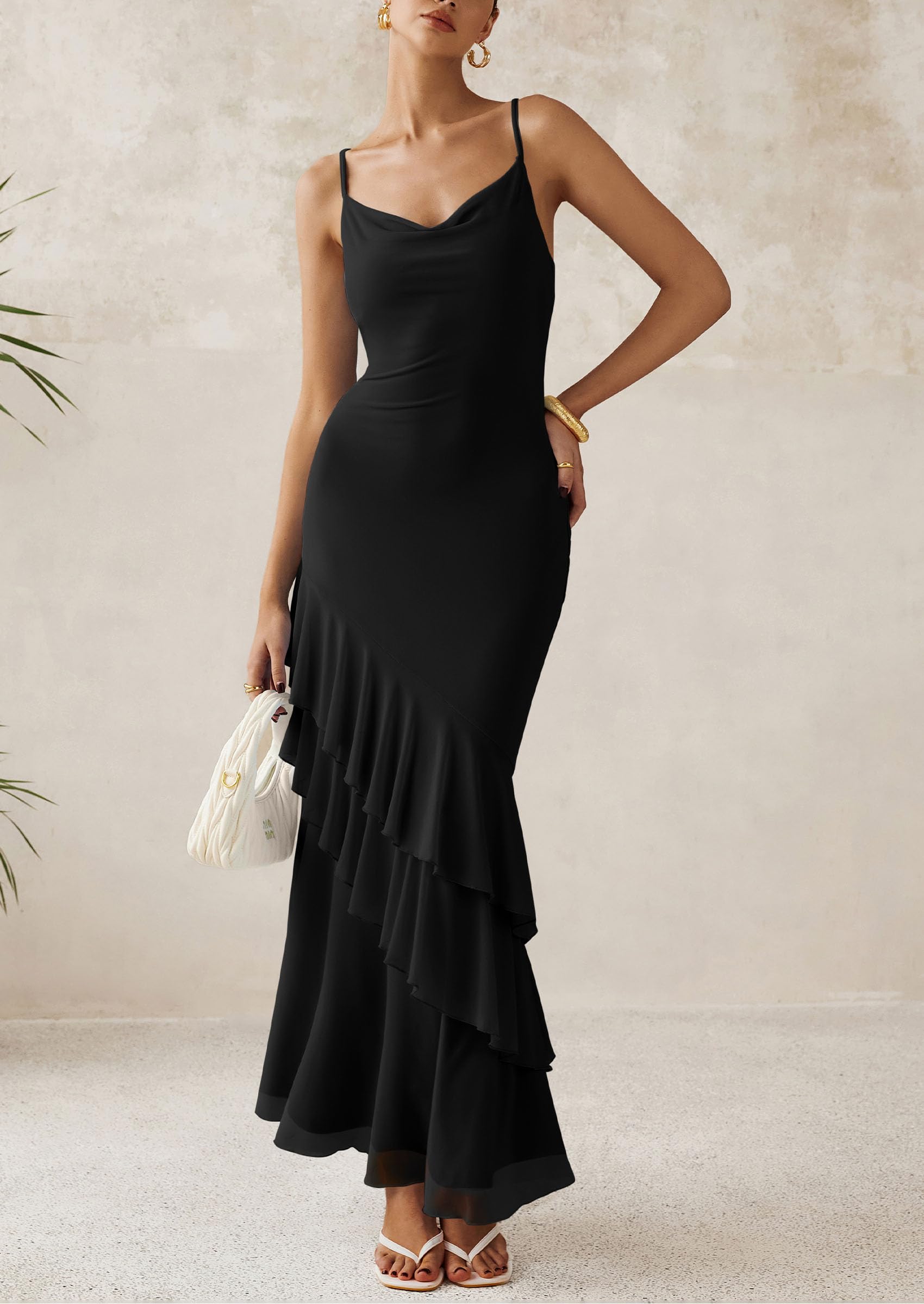 PRETTYGARDEN Maxi Dresses for Women Floral Beach Sundress Spaghetti Strap Tiered Wedding Guest Long Dress