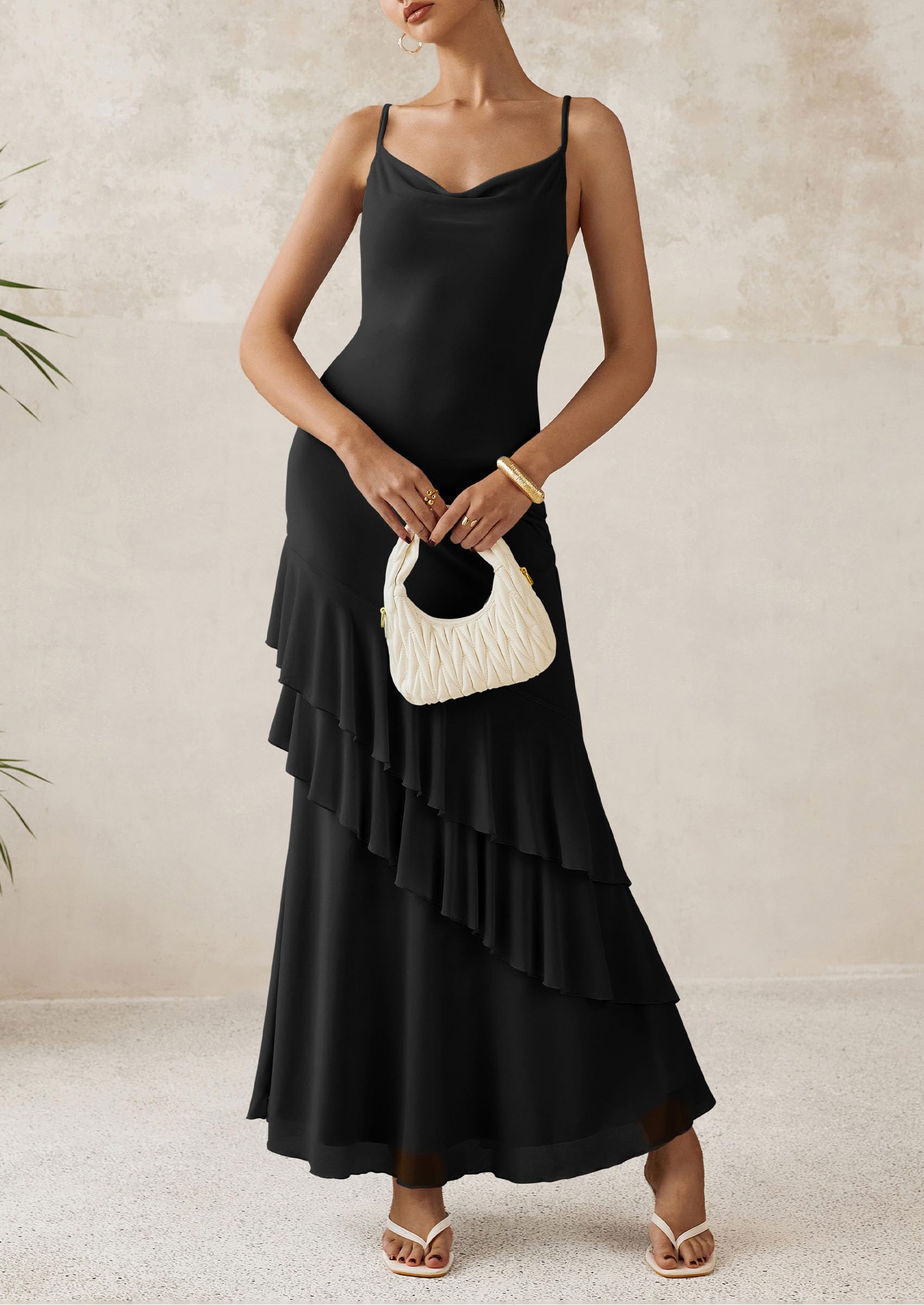 PRETTYGARDEN Maxi Dresses for Women Floral Beach Sundress Spaghetti Strap Tiered Wedding Guest Long Dress