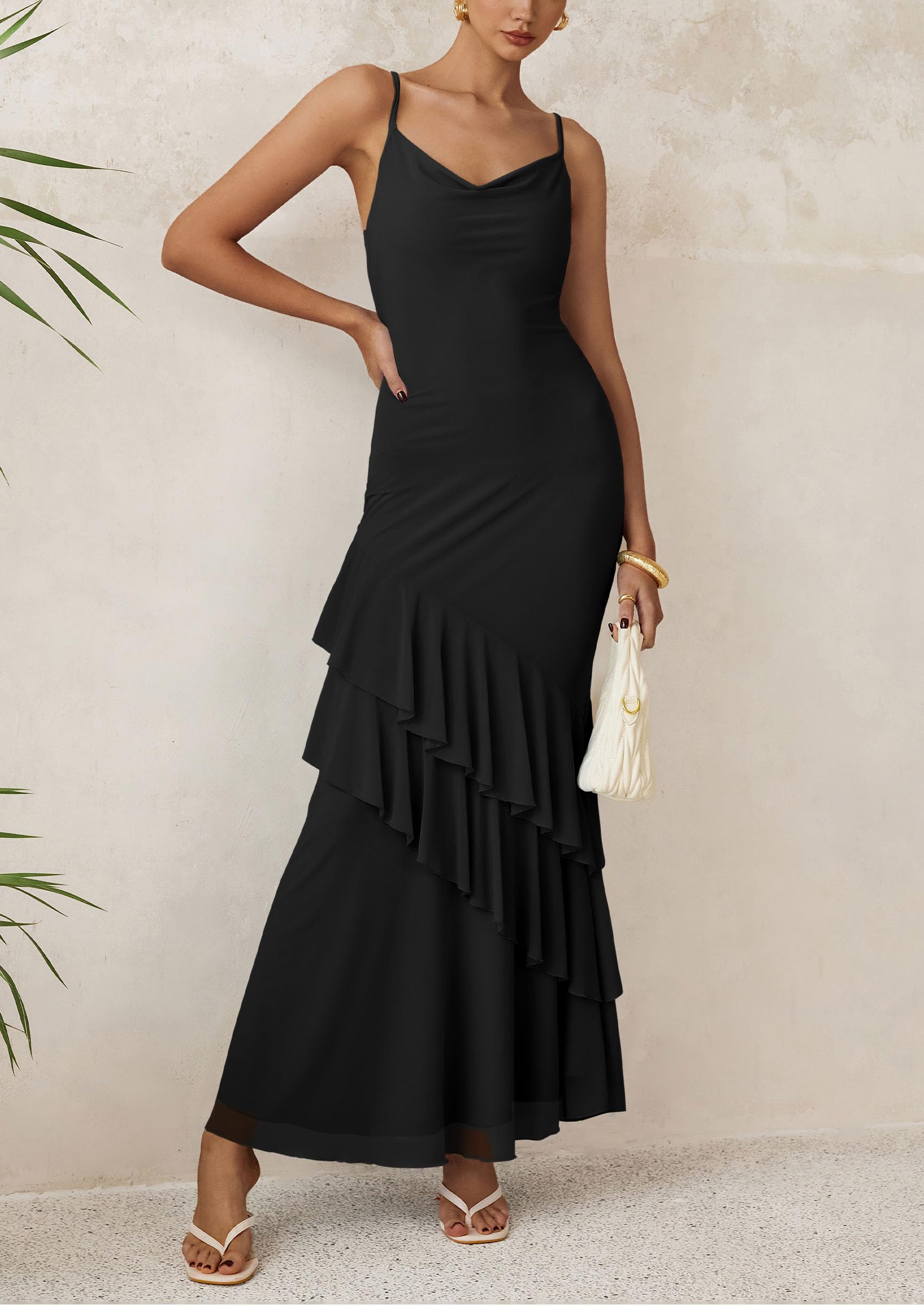 PRETTYGARDEN Maxi Dresses for Women Floral Beach Sundress Spaghetti Strap Tiered Wedding Guest Long Dress