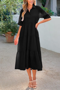 Button Up Ruffle A Line Flowy Maxi Dress