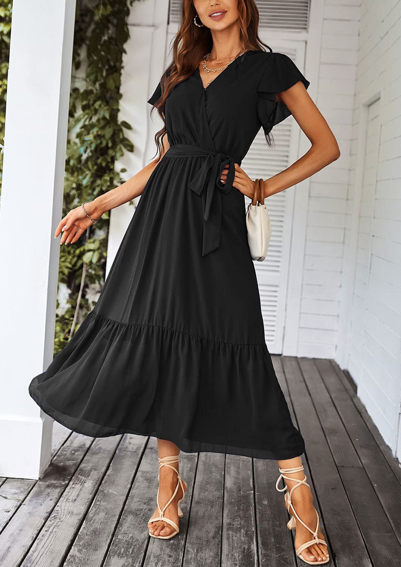 PRETTYGARDEN Women's Summer Floral Boho Maxi Dress Wrap Short Sleeve V Neck Ruffle A-Line Flowy Wedding Guest Long Dresses