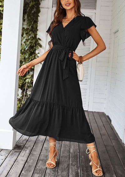 PRETTYGARDEN Women's Summer Floral Boho Maxi Dress Wrap Short Sleeve V Neck Ruffle A-Line Flowy Wedding Guest Long Dresses