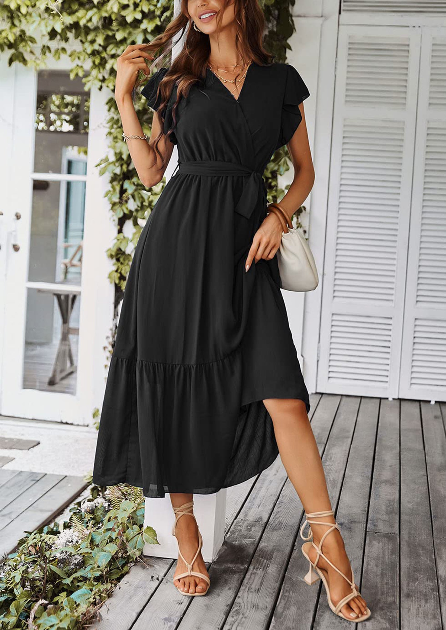 PRETTYGARDEN Women's Summer Floral Boho Maxi Dress Wrap Short Sleeve V Neck Ruffle A-Line Flowy Wedding Guest Long Dresses