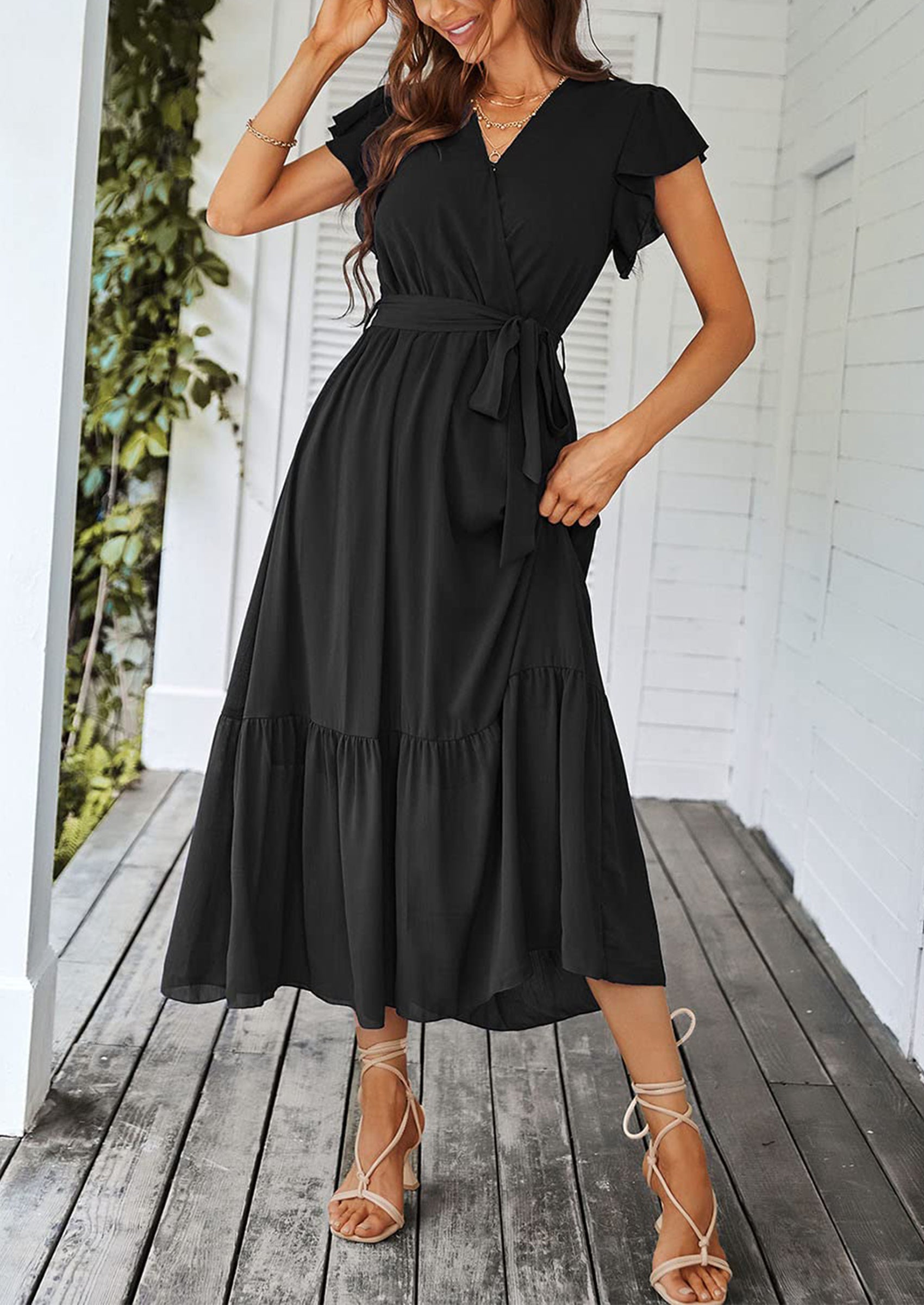 PRETTYGARDEN Women's Summer Floral Boho Maxi Dress Wrap Short Sleeve V Neck Ruffle A-Line Flowy Wedding Guest Long Dresses