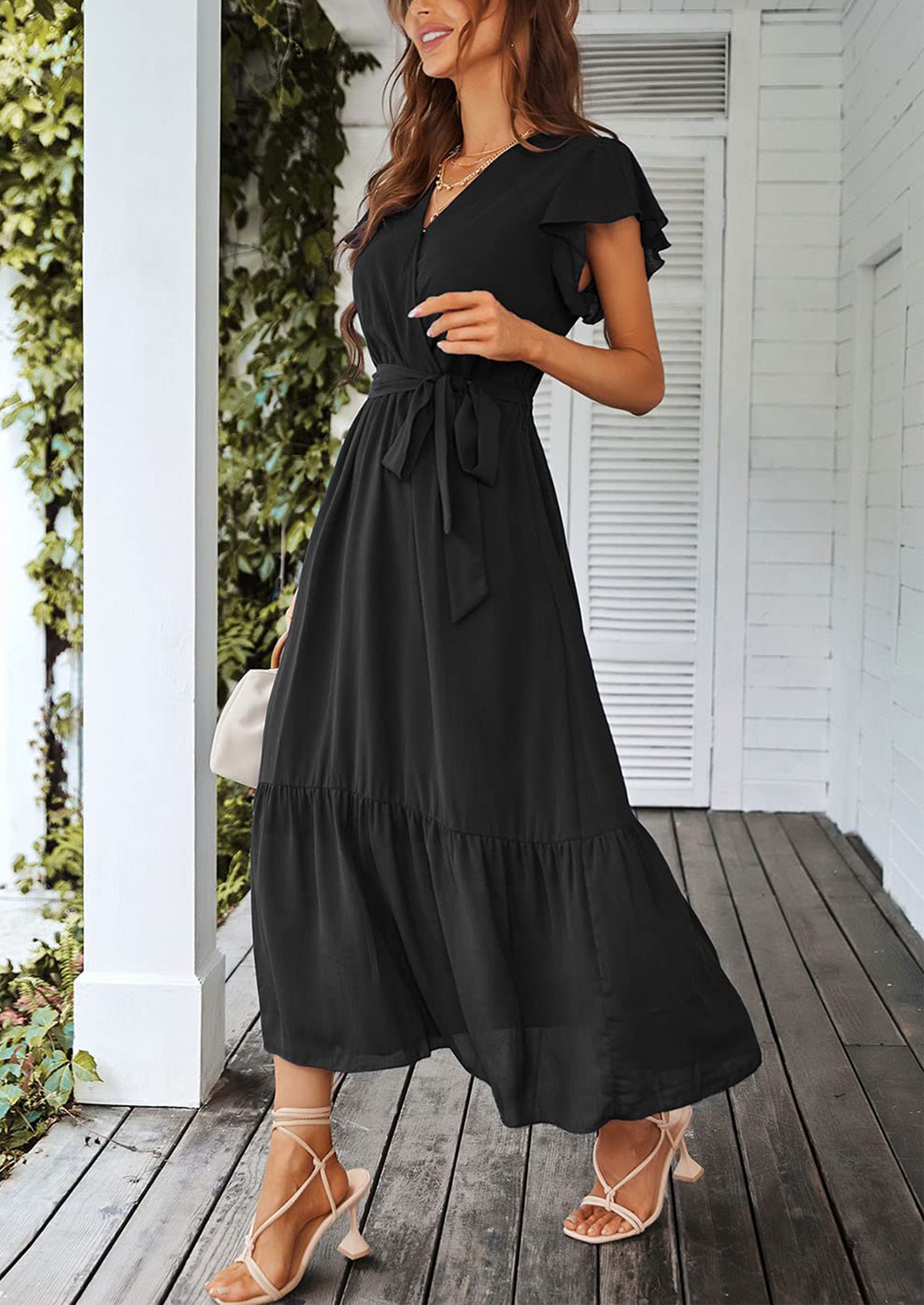 PRETTYGARDEN Women's Summer Floral Boho Maxi Dress Wrap Short Sleeve V Neck Ruffle A-Line Flowy Wedding Guest Long Dresses