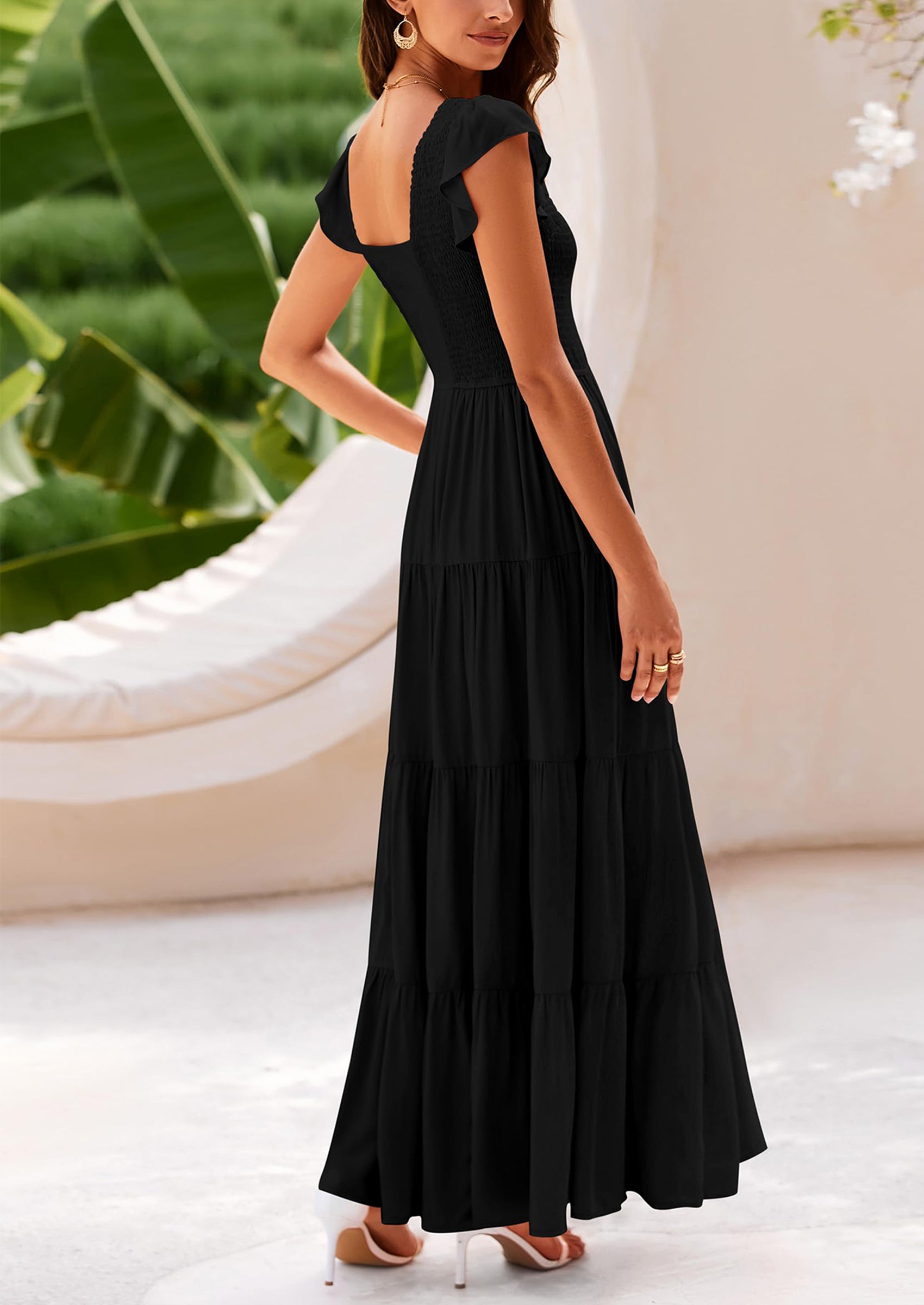 PRETTYGARDEN Women's Flowy Maxi Dress Casual Cap Sleeve V Neck Smocked Beach Sundress