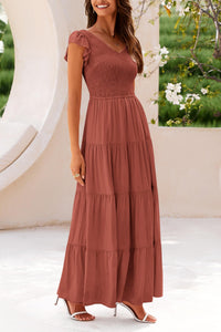 Cap Sleeve V Neck Smocked Beach Maxi Dresses