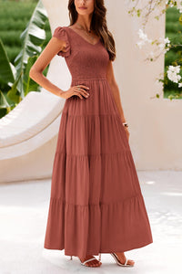 Cap Sleeve V Neck Smocked Beach Maxi Dresses