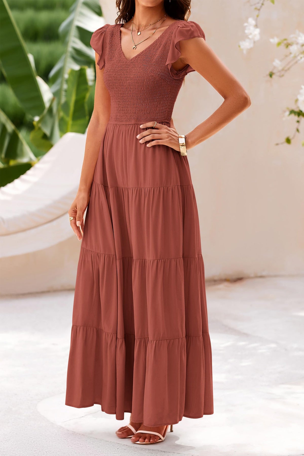 Cap Sleeve V Neck Smocked Beach Maxi Dresses