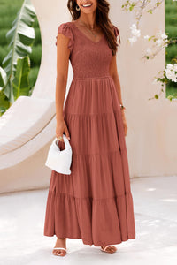 Cap Sleeve V Neck Smocked Beach Maxi Dresses