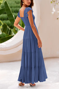 Cap Sleeve V Neck Smocked Beach Maxi Dresses