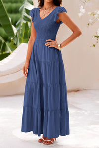 Cap Sleeve V Neck Smocked Beach Maxi Dresses