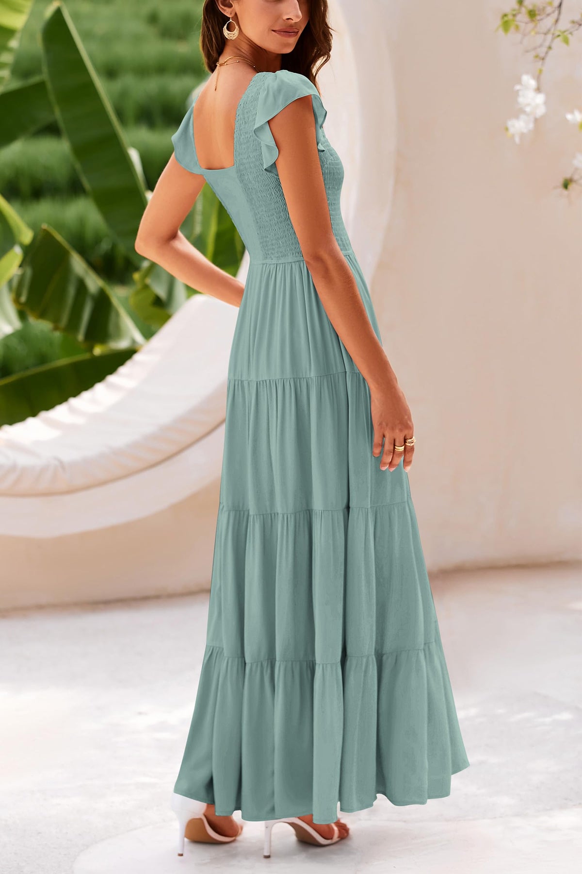 Cap Sleeve V Neck Smocked Beach Maxi Dresses