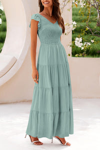 Cap Sleeve V Neck Smocked Beach Maxi Dresses