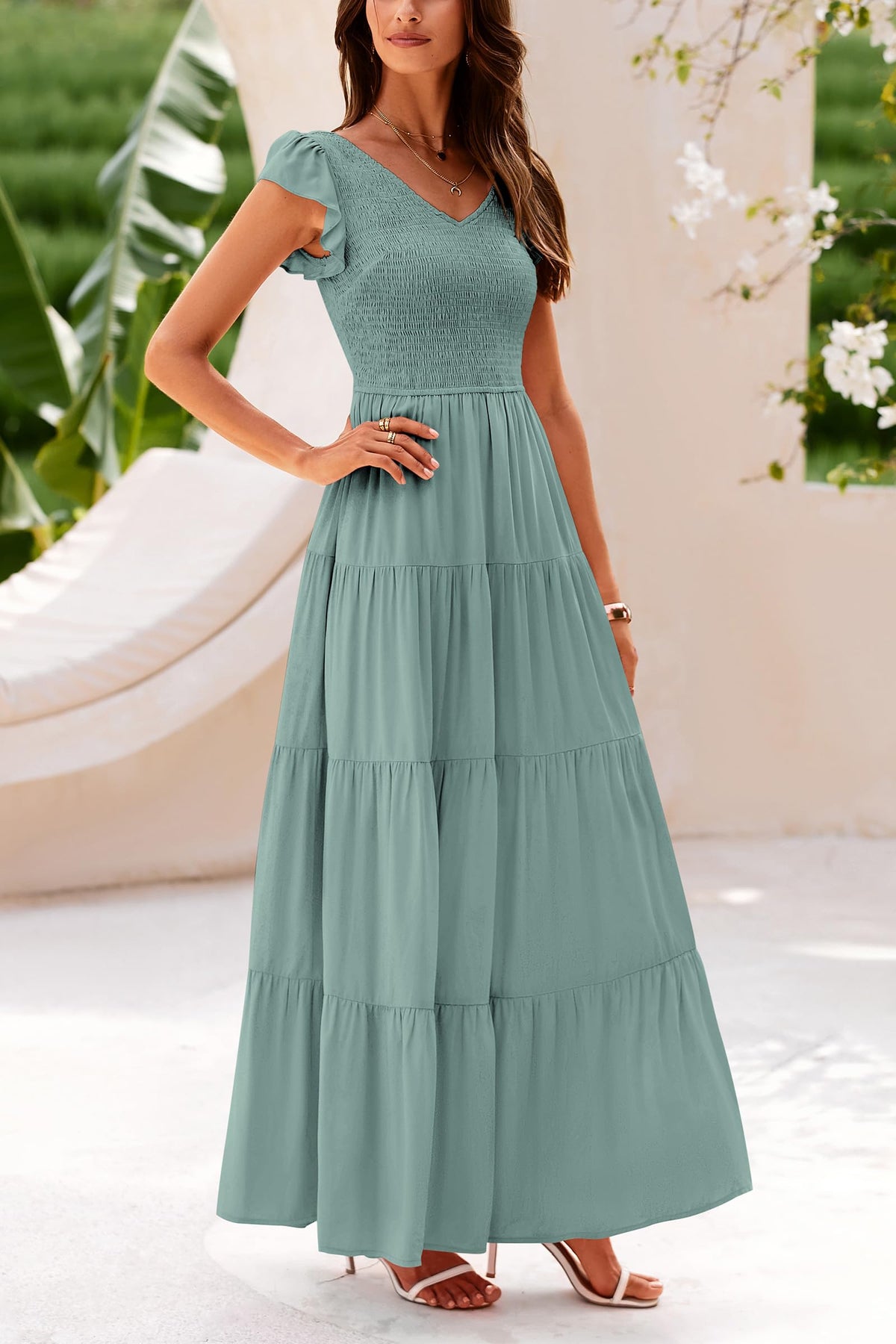 Cap Sleeve V Neck Smocked Beach Maxi Dresses