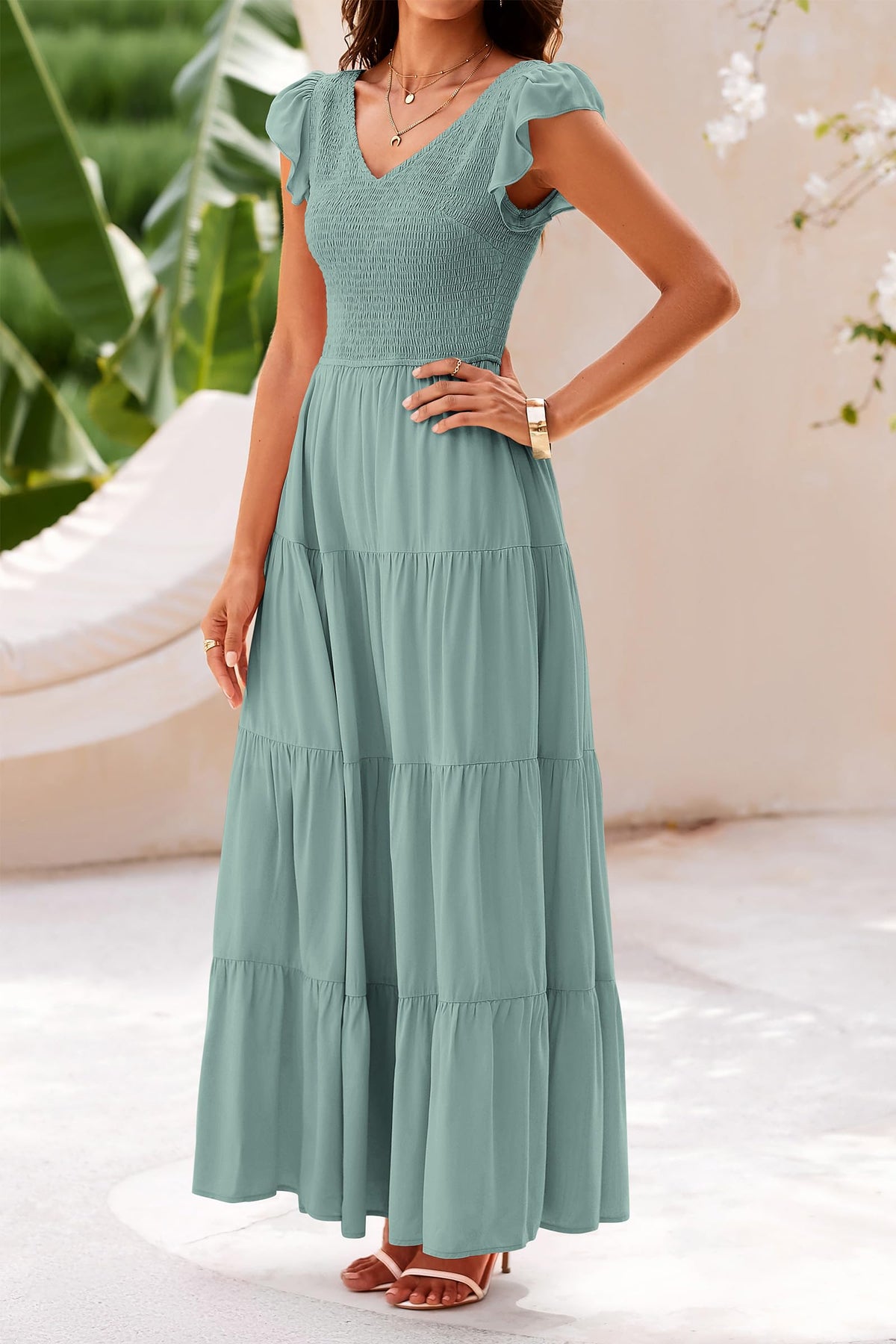 Cap Sleeve V Neck Smocked Beach Maxi Dresses