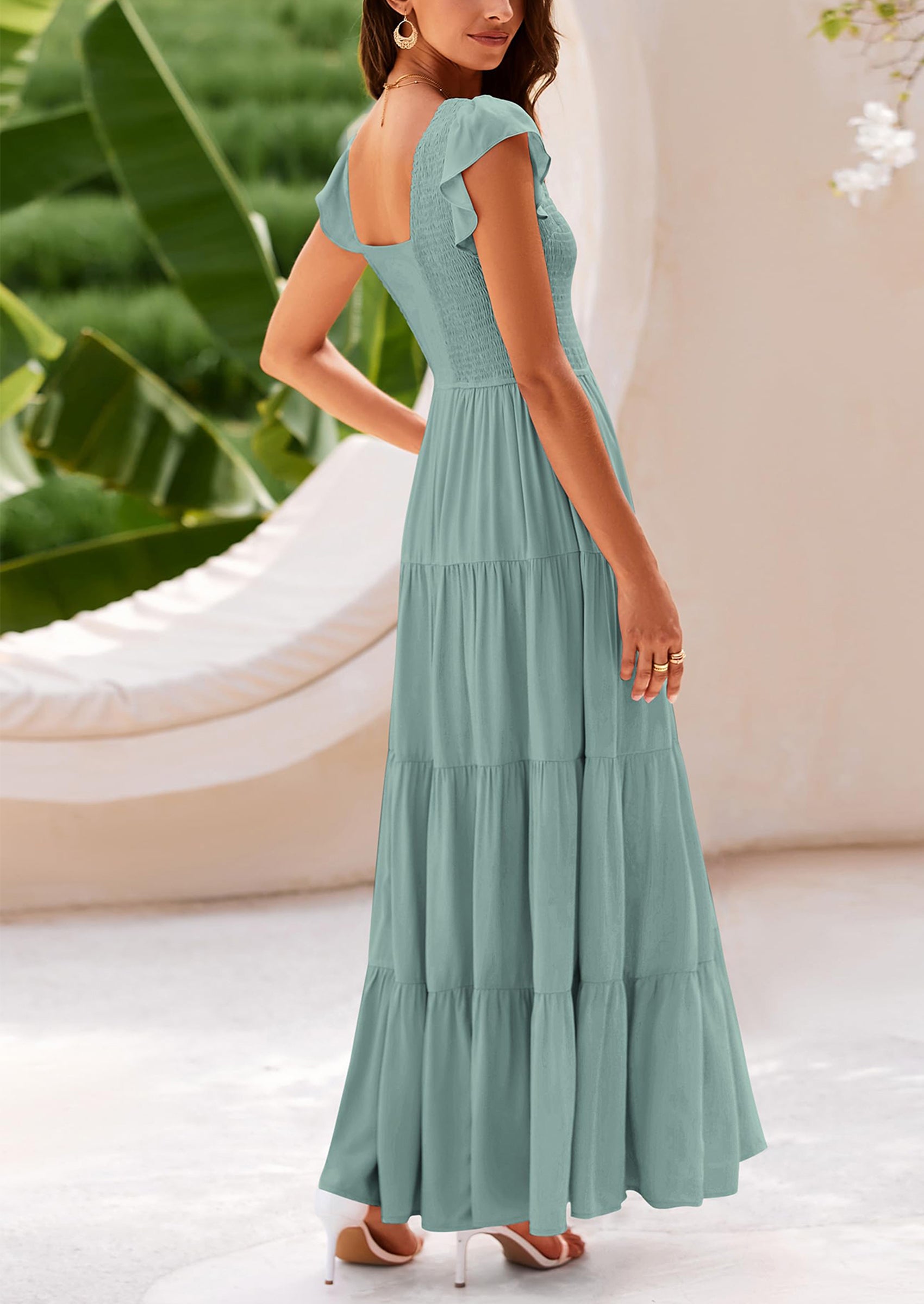 PRETTYGARDEN Women's Flowy Maxi Dress Casual Cap Sleeve V Neck Smocked Beach Sundress