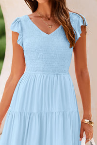 Cap Sleeve V Neck Smocked Beach Maxi Dresses