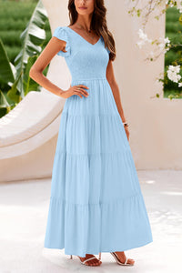 Cap Sleeve V Neck Smocked Beach Maxi Dresses