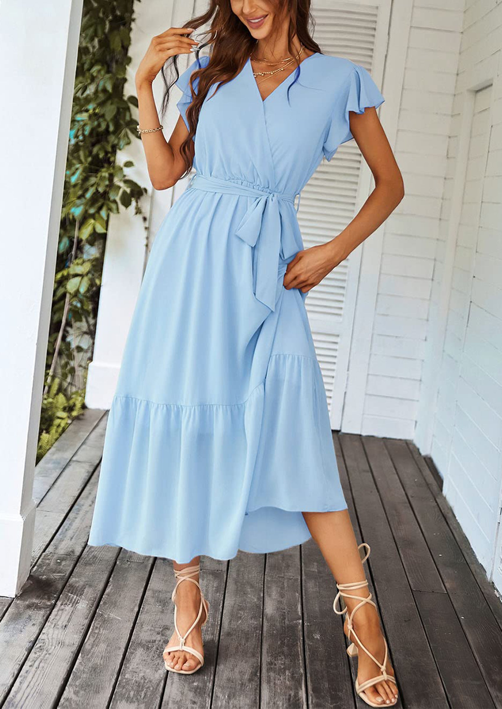 PRETTYGARDEN Women's Summer Floral Boho Maxi Dress Wrap Short Sleeve V Neck Ruffle A-Line Flowy Wedding Guest Long Dresses