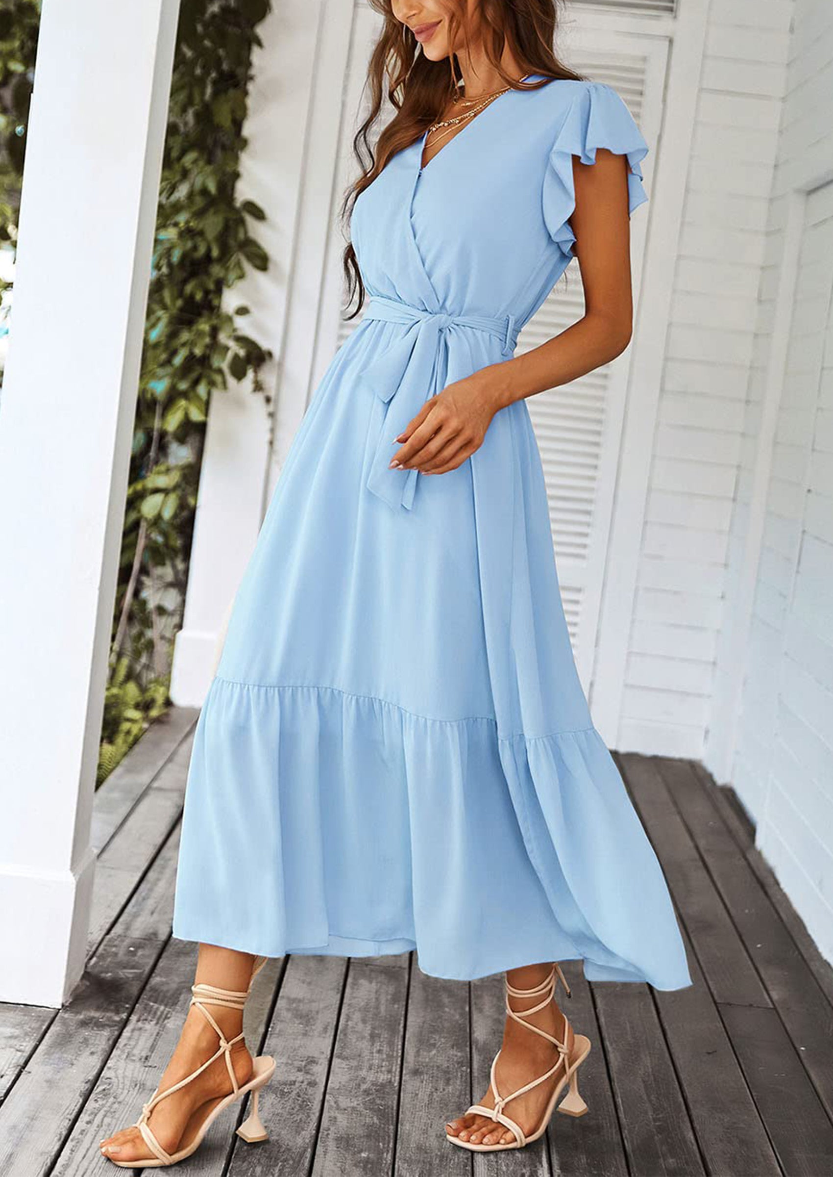 PRETTYGARDEN Women's Summer Floral Boho Maxi Dress Wrap Short Sleeve V Neck Ruffle A-Line Flowy Wedding Guest Long Dresses