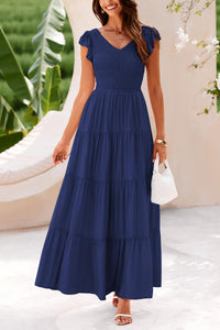 Cap Sleeve V Neck Smocked Beach Maxi Dresses