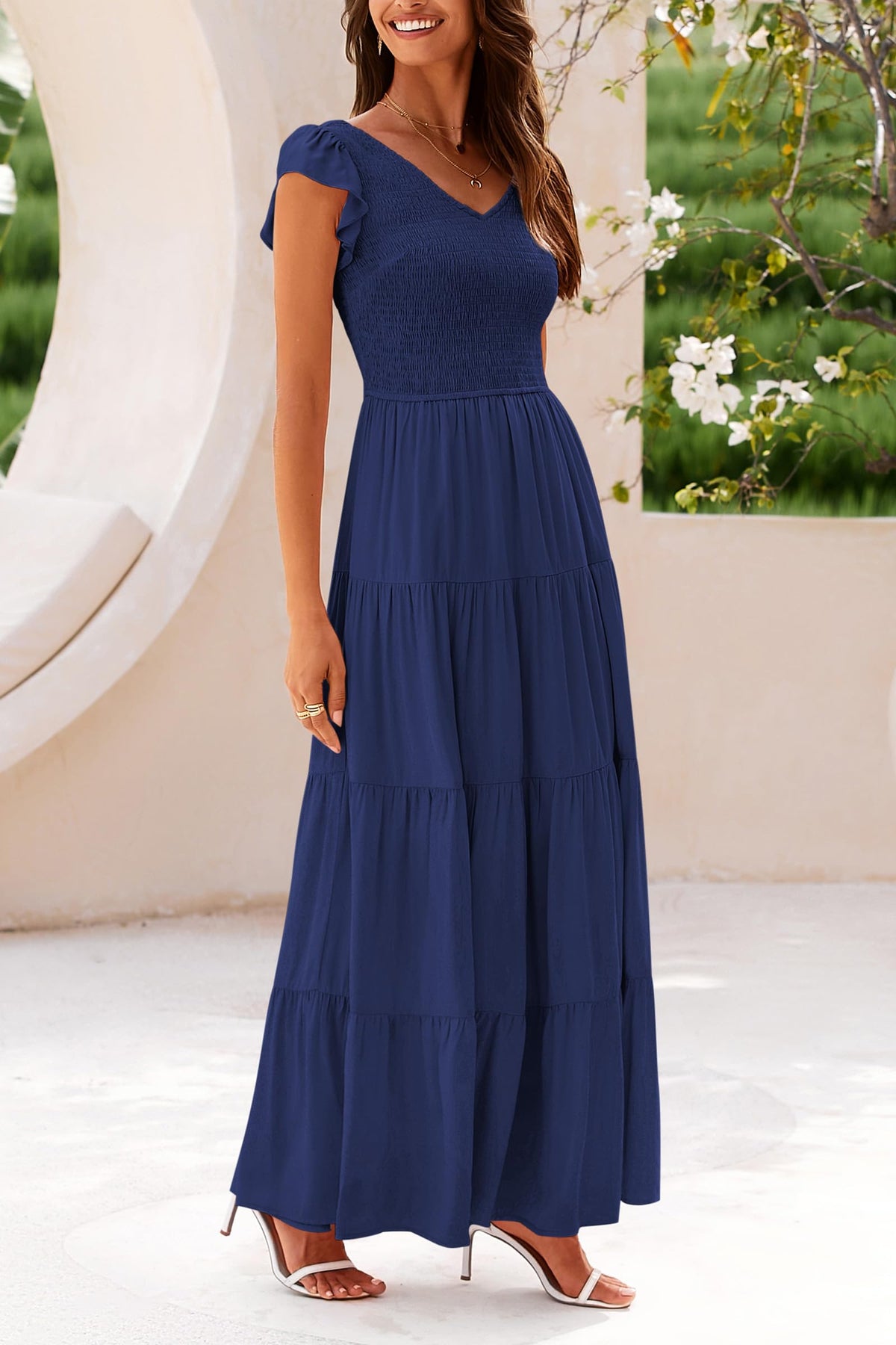 Cap Sleeve V Neck Smocked Beach Maxi Dresses