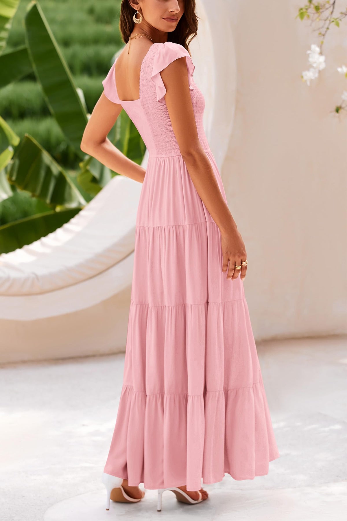 Cap Sleeve V Neck Smocked Beach Maxi Dresses