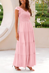 Cap Sleeve V Neck Smocked Beach Maxi Dresses