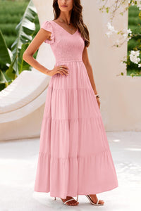 Cap Sleeve V Neck Smocked Beach Maxi Dresses