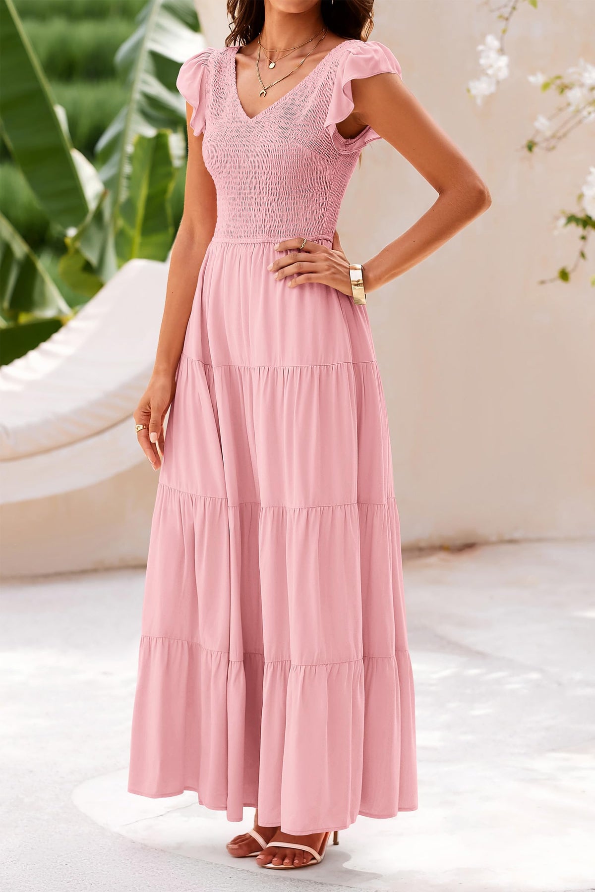 Cap Sleeve V Neck Smocked Beach Maxi Dresses