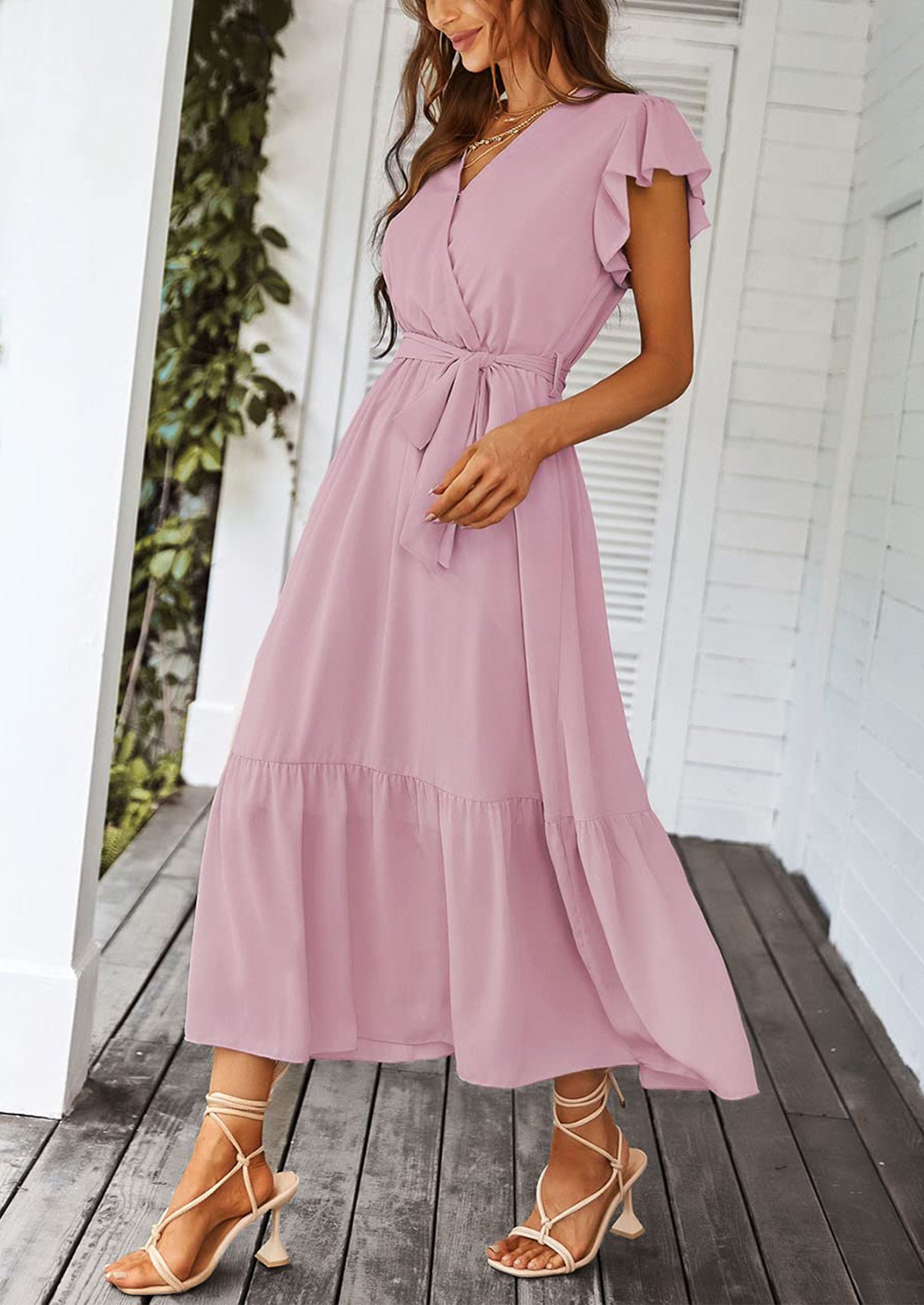 PRETTYGARDEN Women's Summer Floral Boho Maxi Dress Wrap Short Sleeve V Neck Ruffle A-Line Flowy Wedding Guest Long Dresses