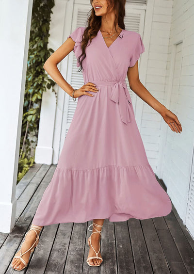 PRETTYGARDEN Women's Summer Floral Boho Maxi Dress Wrap Short Sleeve V Neck Ruffle A-Line Flowy Wedding Guest Long Dresses