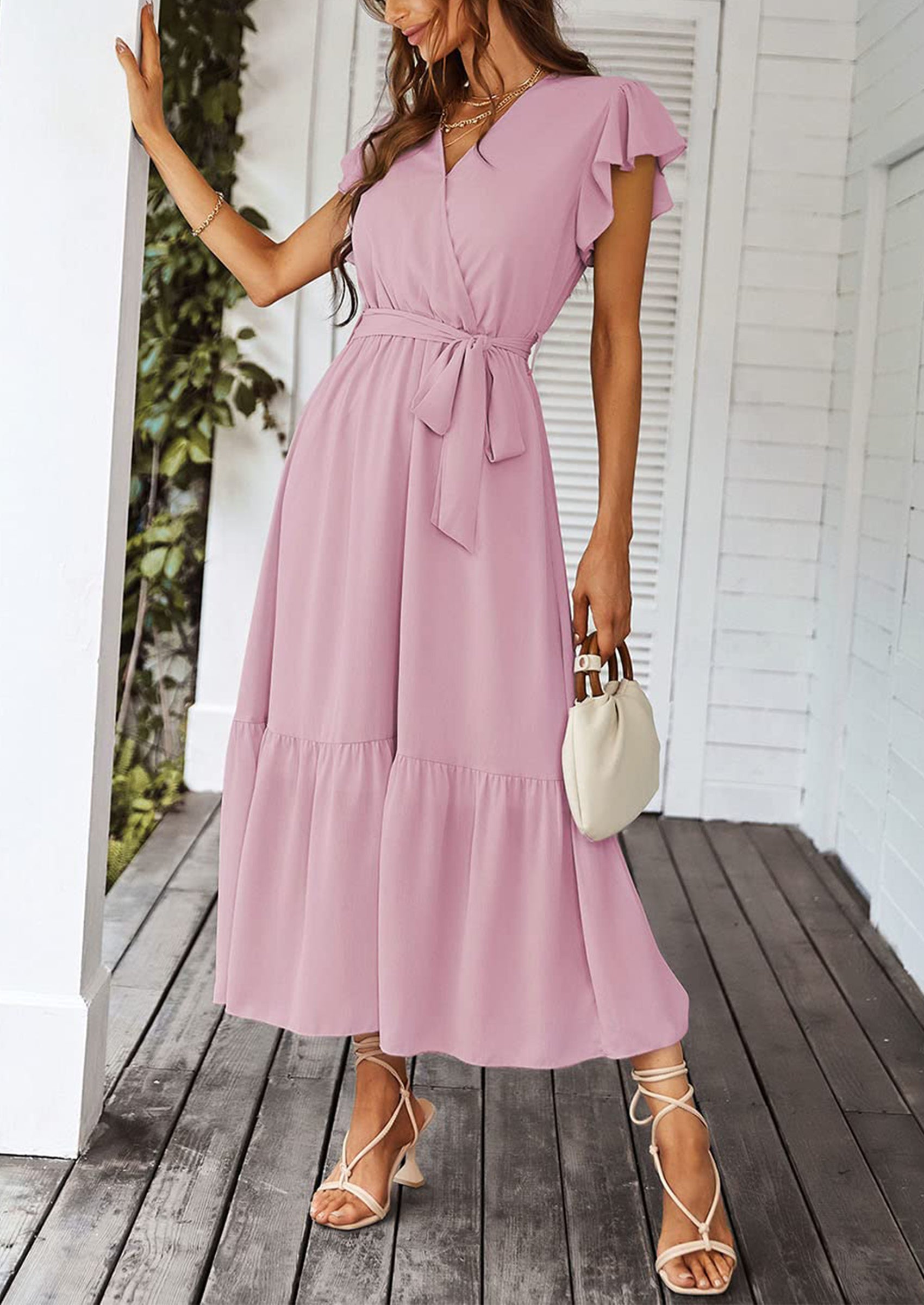 PRETTYGARDEN Women's Summer Floral Boho Maxi Dress Wrap Short Sleeve V Neck Ruffle A-Line Flowy Wedding Guest Long Dresses