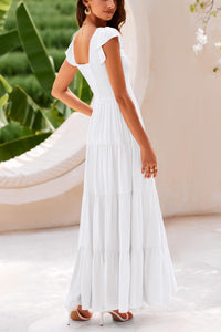 Cap Sleeve V Neck Smocked Beach Maxi Dresses