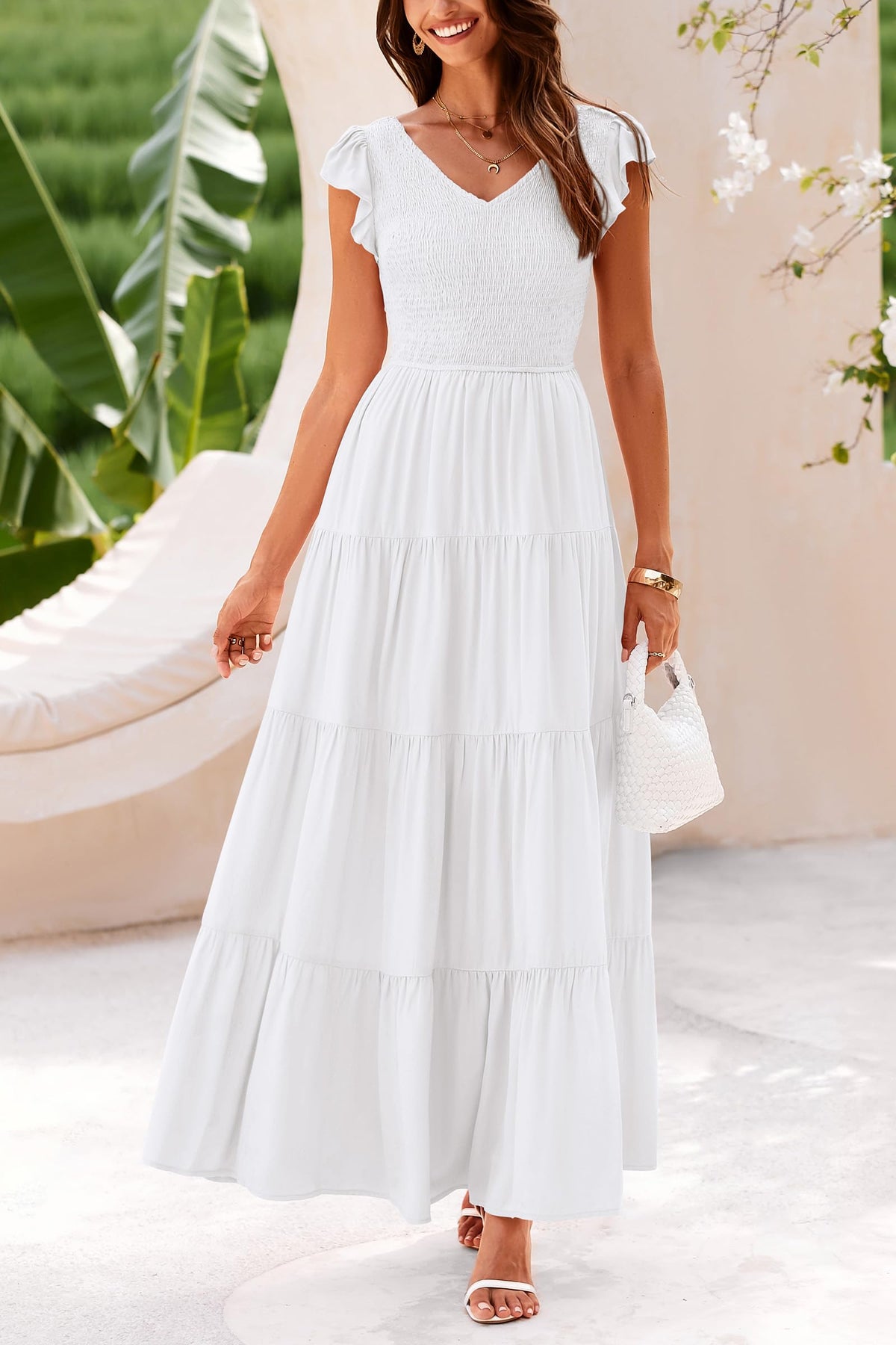 Cap Sleeve V Neck Smocked Beach Maxi Dresses